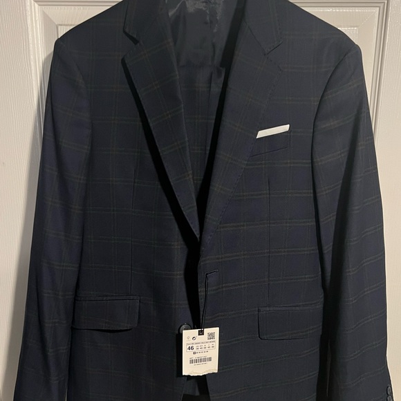 NWT Zara Man Navy Blue Checkered Blazer - Picture 1 of 9
